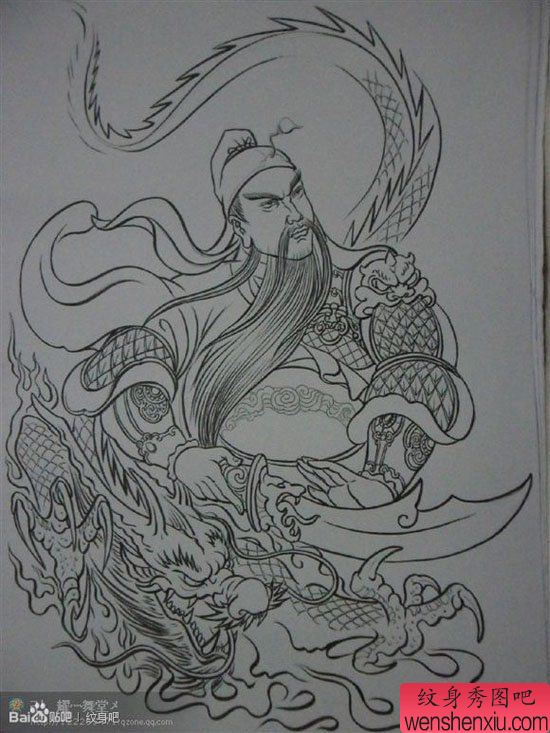 男性喜欢的一幅帅气的关公纹身线稿