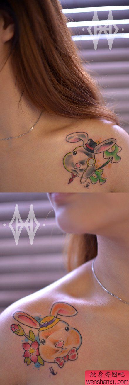女生肩膀处很萌可爱的小兔子纹身图案