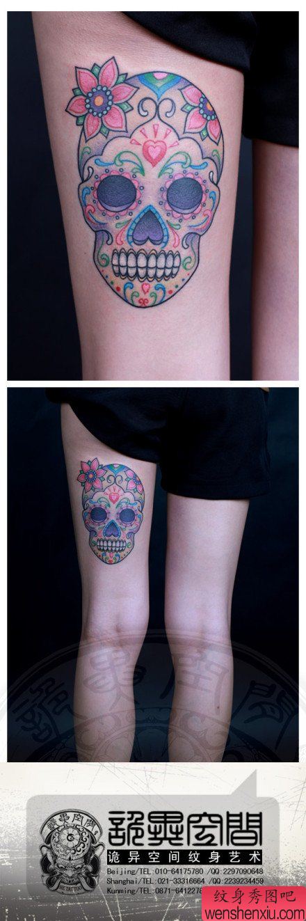 女生腿部漂亮唯美的彩色骷髅纹身图案