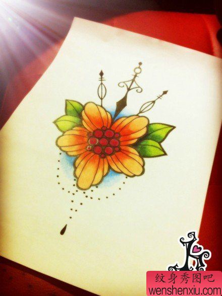 一幅流行唯美的小花卉纹身手稿