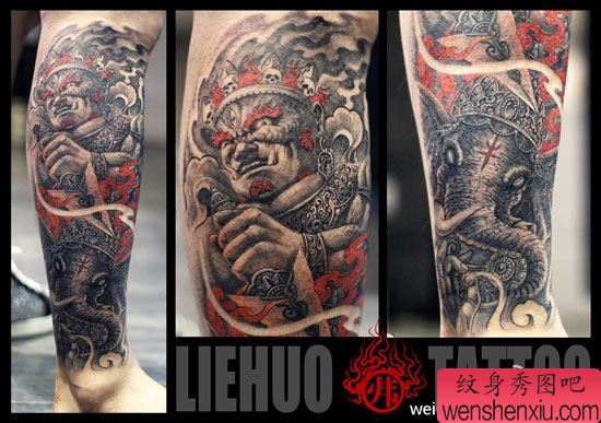 腿部超酷经典的护法神与象神纹身图案