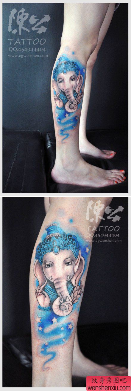 美女腿部漂亮唯美的象神纹身图案