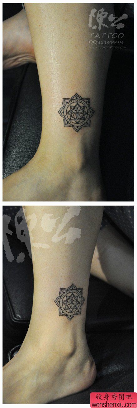 腿部一幅经典流行的图腾花卉纹身图案