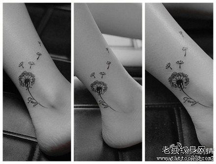 女生脚踝处流行唯美的蒲公英纹身图案
