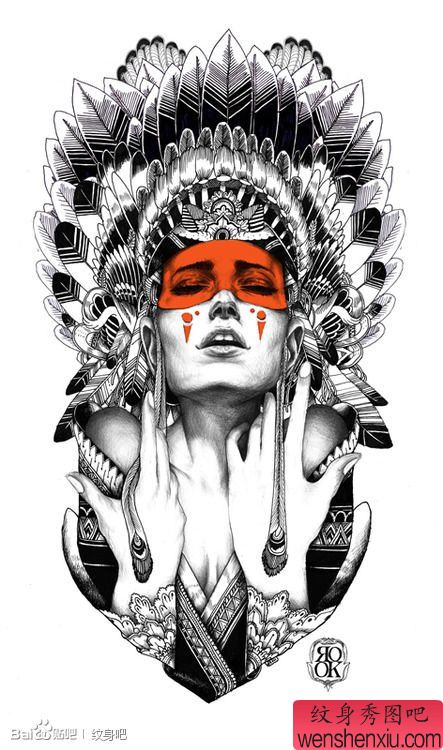 一幅漂亮的印第安美女纹身手稿