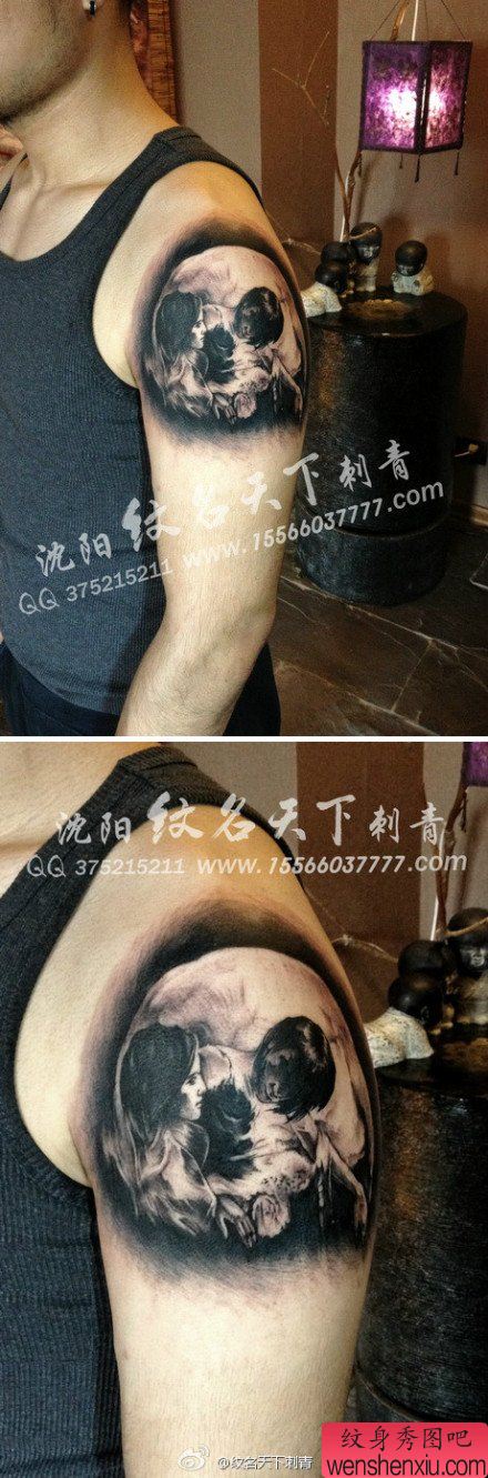 男生手臂一幅写实流行的黑白骷髅纹身图案