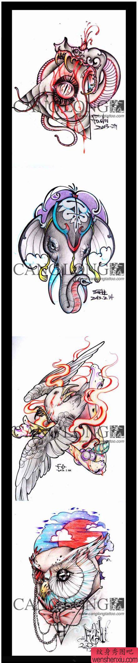 一组很酷流行的蛇大象乌鸦猫头鹰纹身手稿