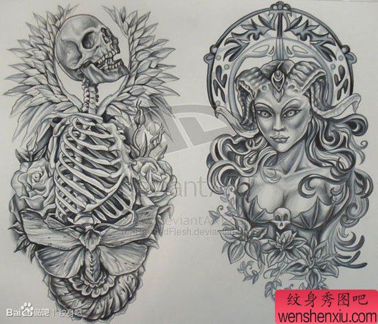 一幅流行经典的骷髅与恶魔美女纹身手稿