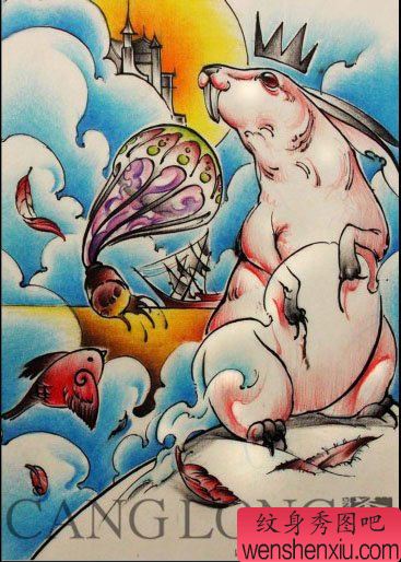 一幅流行经典的兔子纹身手稿