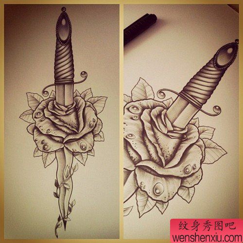 一幅唯美流行的匕首玫瑰花纹身手稿