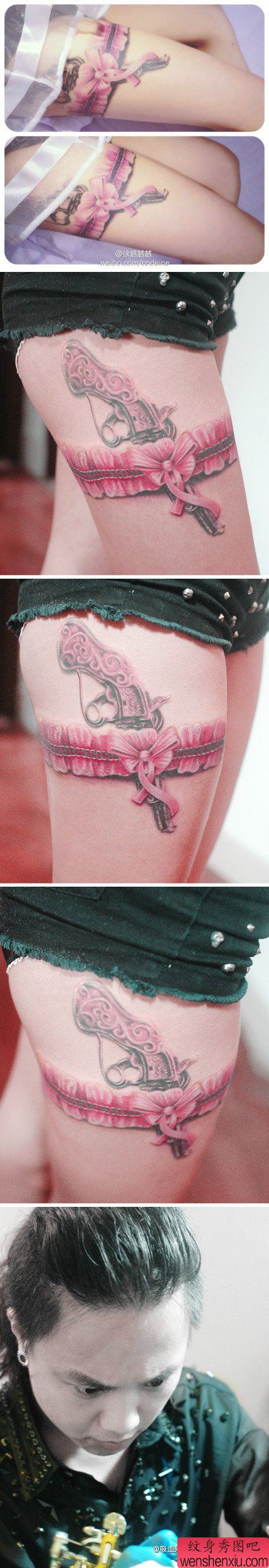 美女腿部流行精美的一幅粉色蕾丝与手枪纹身图案