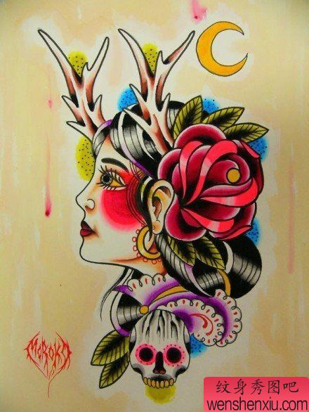 漂亮的一幅school美女纹身手稿