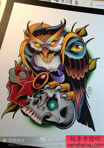 超帅经典的一幅猫头鹰与骷髅纹身手稿