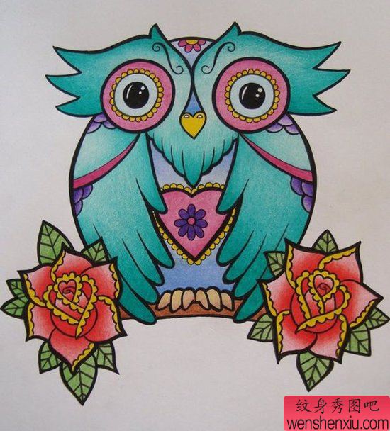 一幅很萌的猫头鹰纹身手稿