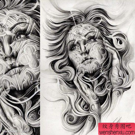 一幅漂亮超帅的欧美美女纹身手稿