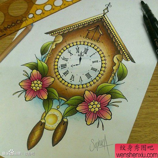 一幅流行经典的钟表纹身手稿