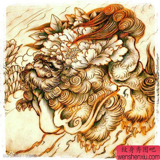 一幅经典很酷的唐狮子纹身手稿
