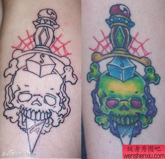 一幅流行小巧的匕首与骷髅纹身图案