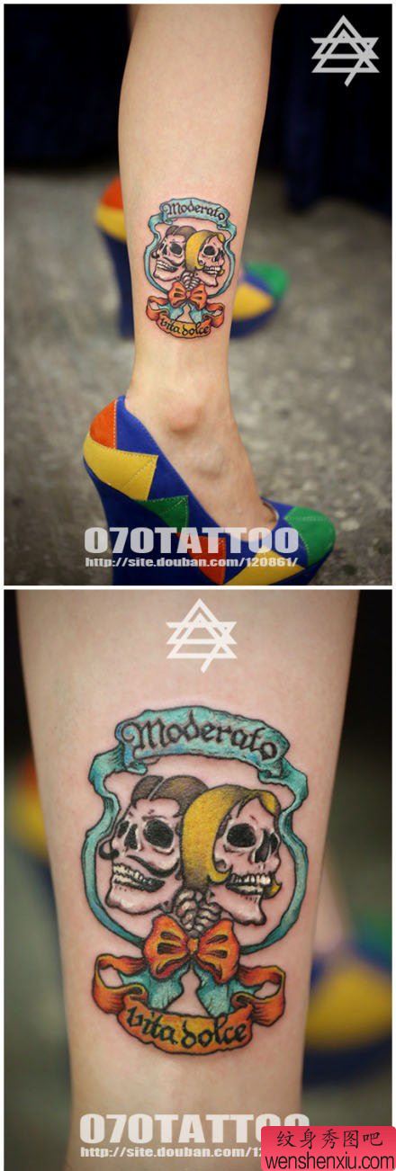 女生腿部一幅流行流行的骷髅纹身图案