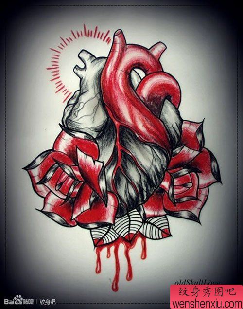 一组流行经典的心脏玫瑰纹身手稿