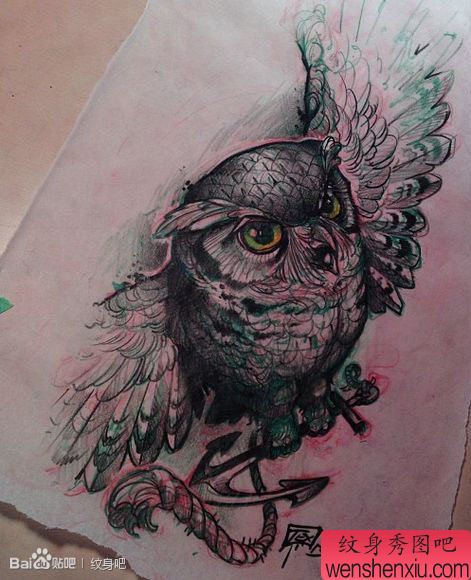 流行的一幅猫头鹰纹身手稿