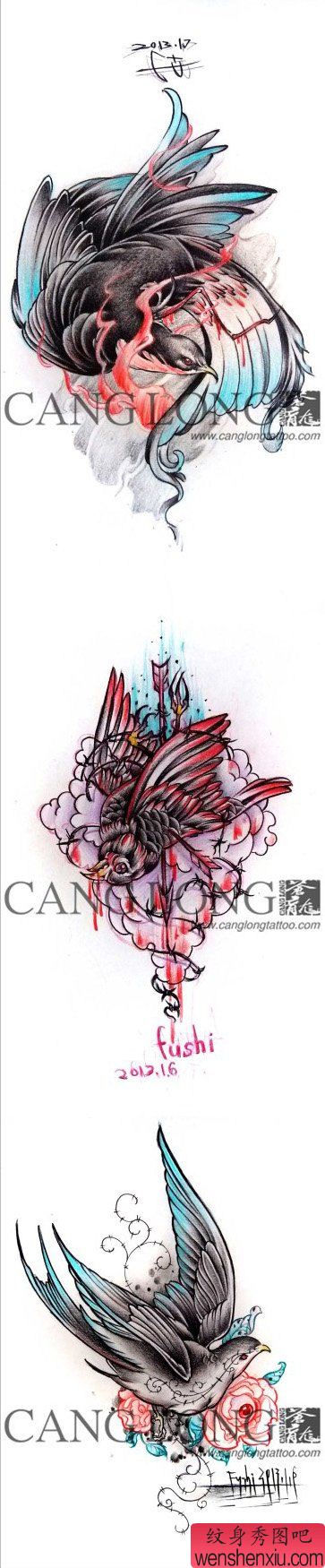 一幅流行流行的燕子纹身手稿