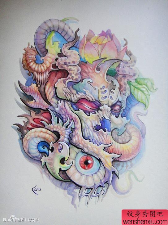 一幅很酷经典的欧美彩色骷髅纹身图案