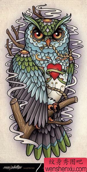 流行很酷的一幅彩色猫头鹰纹身手稿
