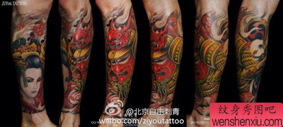 腿部漂亮的美女艺妓与武士纹身图案