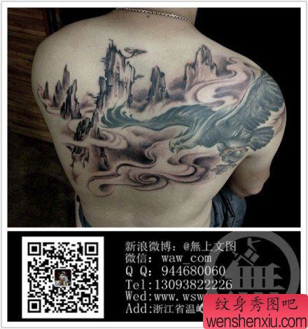 男性后背超酷帅气的黑白老鹰纹身图案