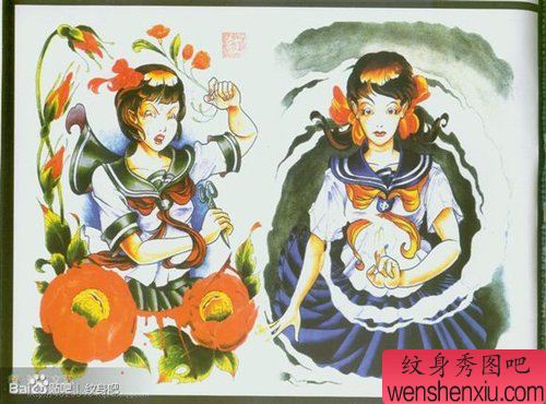 一幅流行流行的卡通美女纹身手稿