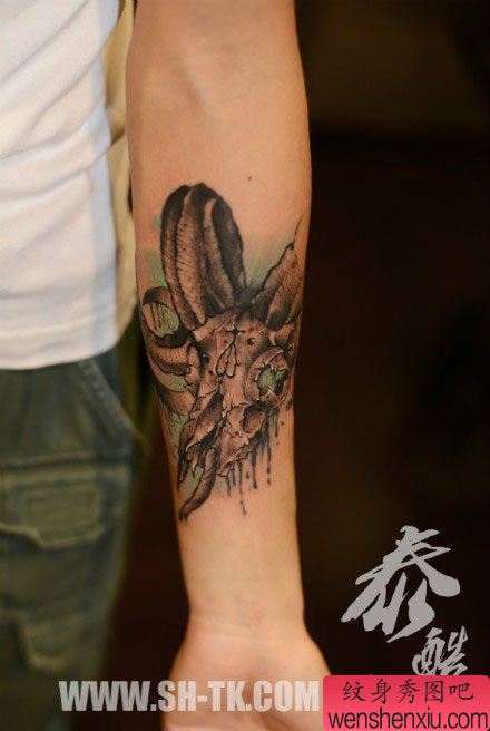 男生手臂流行帅气的一幅羊头骷髅纹身图案