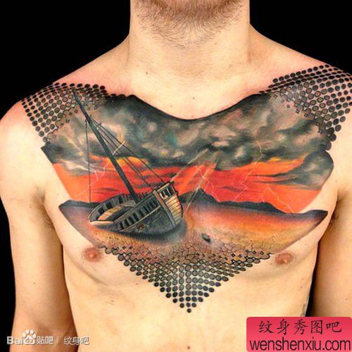 男性胸前流行流行的帆船纹身图案