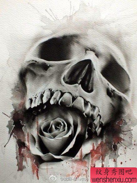 一幅经典流行的黑白骷髅纹身手稿