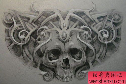 适合纹前胸和后背的骷髅纹身手稿