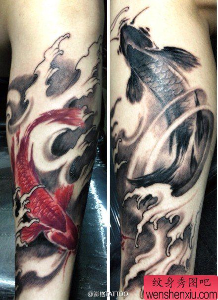 腿部唯美流行的写意水墨鲤鱼纹身图案