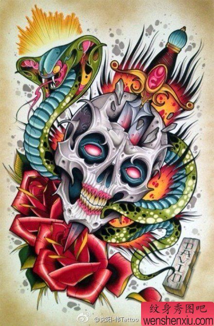 流行很酷的一幅骷髅眼镜蛇匕首纹身手稿