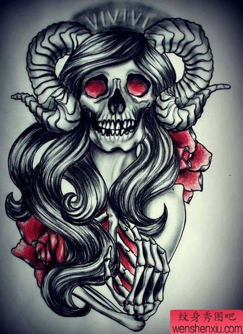 一幅另类很酷的美女骷髅纹身图案