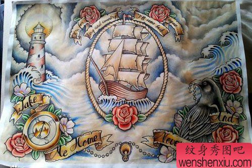 一组流行流行的帆船灯塔纹身图案