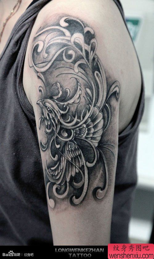 手臂唯美流行的黑白凤凰纹身图案