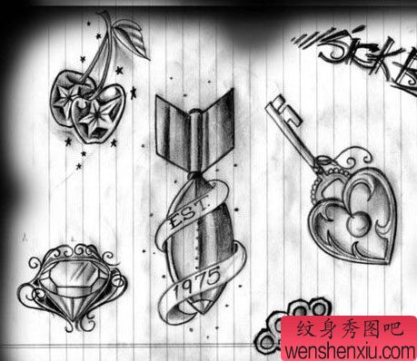 流行流行的钻石与钥匙纹身手稿