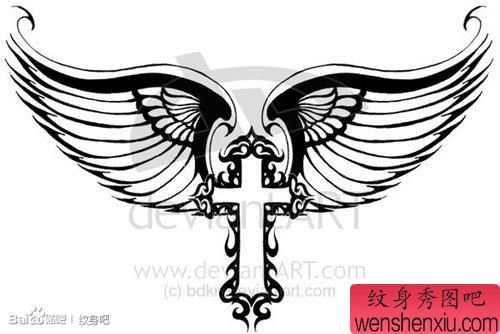 流行流行的一幅图腾十字架翅膀纹身图案