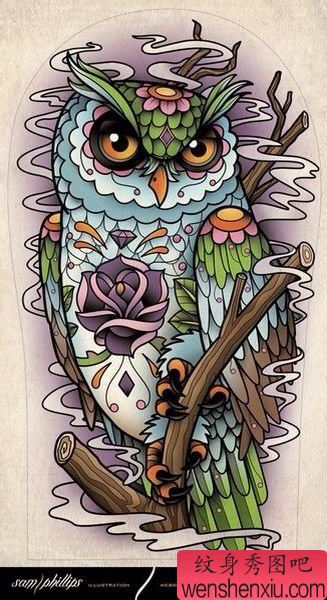 流行很酷的一幅猫头鹰纹身手稿