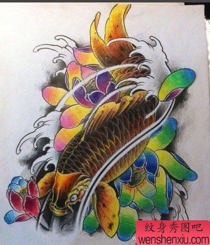 流行精美的一幅传统鲤鱼纹身图案