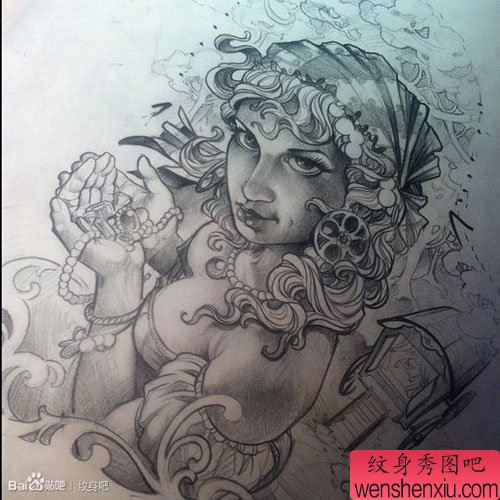一幅流行漂亮的欧美美女纹身手稿