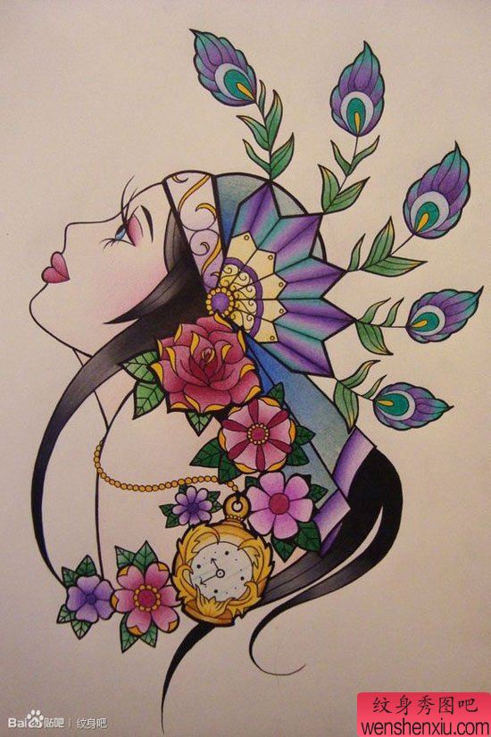 一幅漂亮流行的school美女纹身手稿