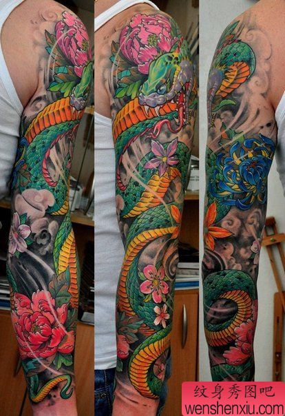 超帅漂亮的彩色花臂蛇纹身图案