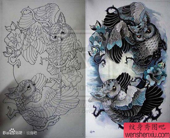 很帅流行的猫头鹰纹身手稿