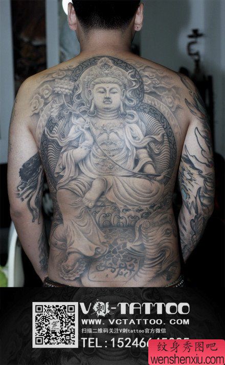 男性后背超帅经典的满背石雕普贤菩萨纹身图案