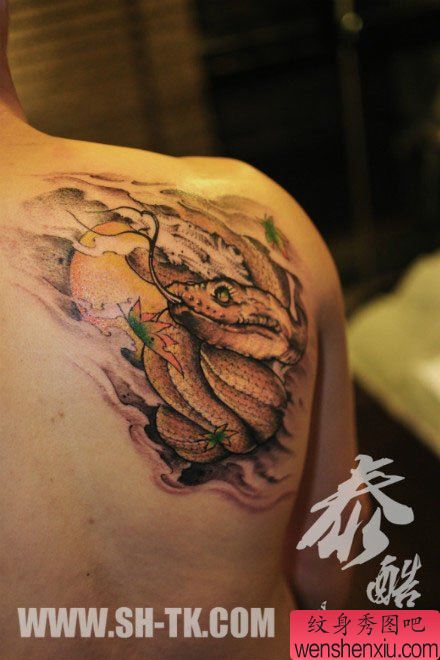 男生肩背经典很帅的金色的蛇纹身图案